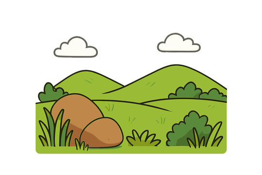 Simple cartoon landscape featuring rolling green hills, large brown rocks, lush bushes, and white clouds in the sky