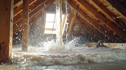 Massive water leak causing severe flooding in an attic, creating a destructive home emergency with damaged wooden beams and pouring water