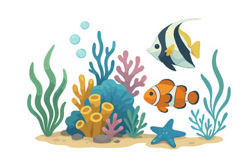 Naklejka premium Brightly colored tropical fish and starfish swimming near diverse coral and seaweed on the ocean floor