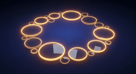 Abstract Golden Glowing Ring Frame Design Element on a Dark Blue Background