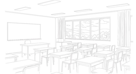 Fototapeta premium Empty Classroom with Desks and Whiteboard Ready for Learning.