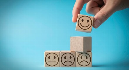 Boosting Positive Emotion: A hand carefully places a happy face block on top of a stack of blocks, symbolizing the act of promoting and uplifting the positive state of mind and emotions. 