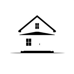 A stylized flat-design black-and-white house silhouette with clean strong lines and a minimalist composition, showcasing a simple front porch supported by four slender posts, set against a plain backg