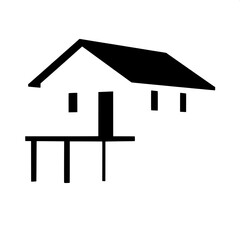 A stylized flat-design black-and-white house silhouette with clean strong lines and a minimalist composition, showcasing a simple front porch supported by four slender posts, set against a plain backg