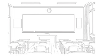 Empty Classroom with Desks and Whiteboard Ready for Students.