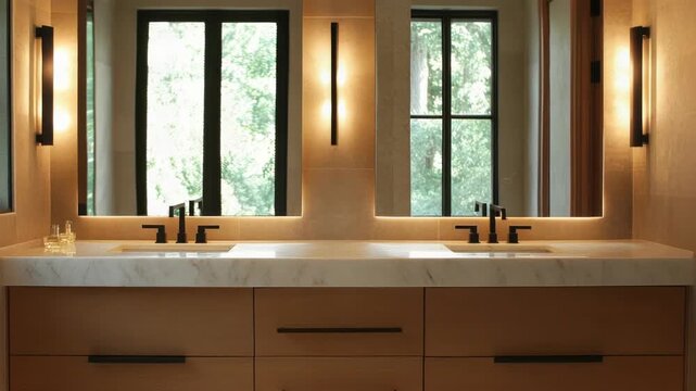 Video A modern bathroom featuring two sinks and two mirrors