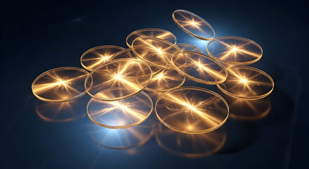 Abstract glowing golden discs with starburst light effect on dark background, technology and future concept.