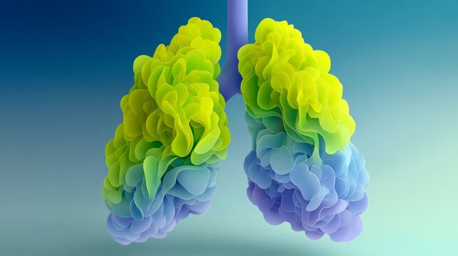 Colorful abstract illustration of human lungs, showcasing vibrant green and blue hues, representing health and vitality, with a smooth gradient background enhancing visual appeal and creativity