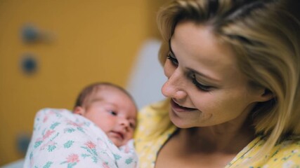 Caucasian mother gazes lovingly at newborn, cozy hospital setting, celebrating new beginnings with warmth and tenderness