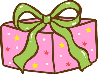 Illustration of a Festive Pink Gift Box with Green Ribbon Hand Dranw Cartoon