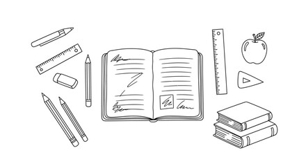 Hand drawn collection of various school and study supplies.