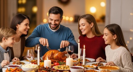 Happy family sitting at a beautifully set table, man carving roasted turkey, celebrating Holidays together, sharing festive meal.