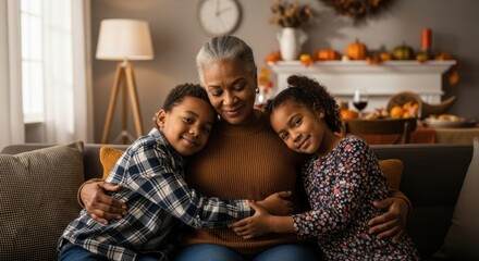 Afro american Woman grandmother hugging a boy grandson and girl granddaughter on a sofa at home in Thanksgiving day. Family love and bonding concept for grandparents day.