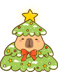 Kawaii Cute Capybara Christmas Tree Cartoon hand drawn