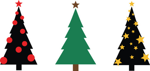 Set of Three Christmas Tree Icons Vector, Decorated with Stars and Ornaments, Flat Design Holiday Graphic Elements Collection, Isolated