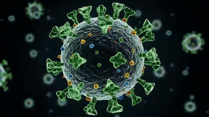 Highly detailed 3D rendering of a coronavirus virion with green spike proteins projecting outward - Powered by Adobe