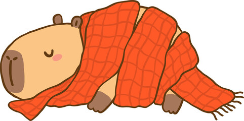 Kawaii Cozy Winter Capybara Sleeping wrapped with Scarf Cartoon Hand Drawn