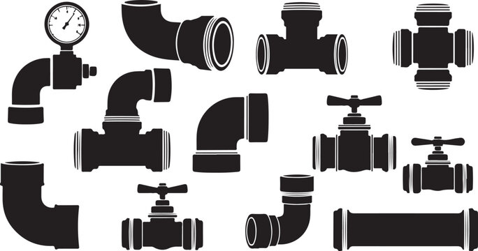 Collection of Black Silhouettes of Plumbing Pipes and Fixtures