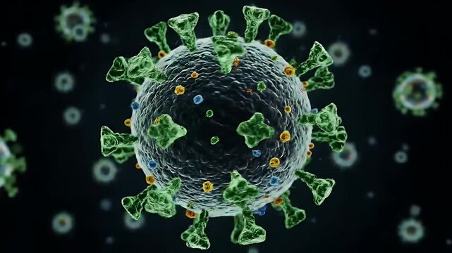 Highly detailed 3D rendering of a coronavirus virion with green spike proteins projecting outward