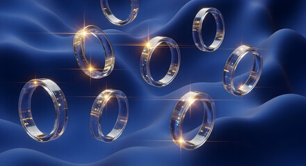 Abstract transparent rings with golden light highlights floating above a wavy dark blue background, elegant design.