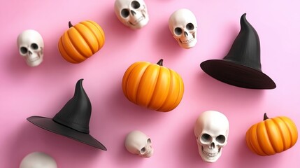Colorful Halloween decorations featuring orange pumpkins, black witch hats, and white skulls scattered on a vibrant pink background, creating a festive and playful atmosphere for seasonal celebrations