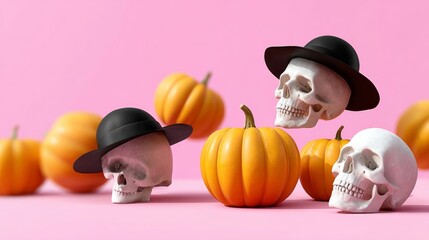 Halloween-themed flat illustration featuring decorative skulls wearing hats, surrounded by vibrant pumpkins on a pink background, creating a festive and playful atmosphere for seasonal celebrations