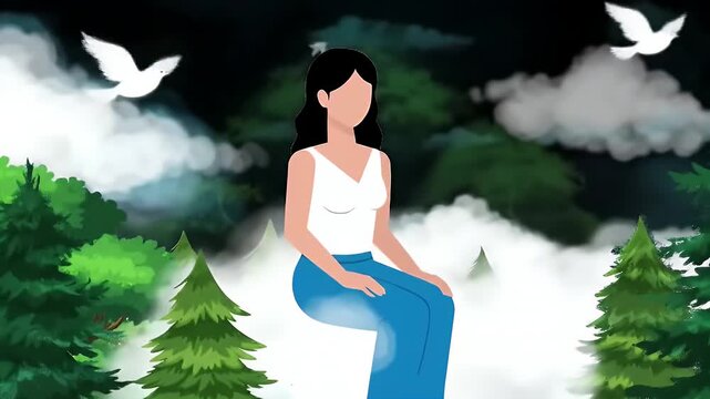 Illustration of a barefoot young woman walking between a leafy tree and a pine tree in a minimal white background