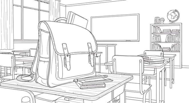 Detailed school bag on a desk in a classroom setting ready for learning.