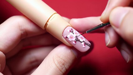 Intense close-up of a nail artist applying a delicate pink floral design with a fine brush on a nude gel nail