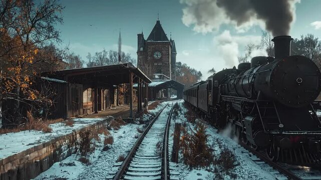 Vintage Train on Tracks at Snowy Station A Journey Through Time