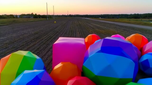 Colorful geometric shapes scattered across a plowed field at sunrise