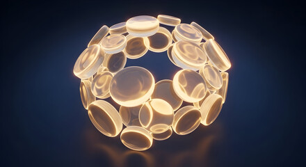 Abstract spherical arrangement of glowing clear and golden discs, complex futuristic object on a dark blue background.