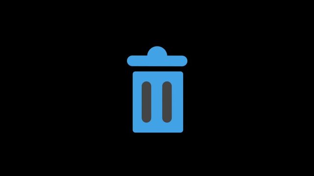 Blue filled icon motion graphic of a trash can symbol for deleting or trashing digital content.