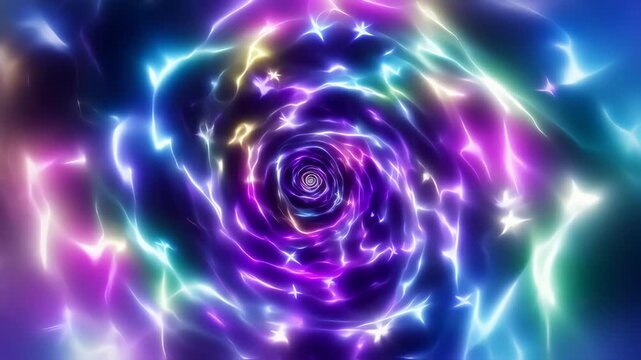 Abstract swirling vortex of vibrant neon colors with scattered star-like elements