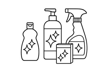 Bottles of household cleaning supplies, detergents, and hygiene products