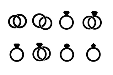 Collection of simple black silhouette icons featuring wedding bands and diamond engagement rings