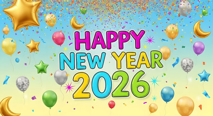 Happy New Year 2026 cheerful greeting with colorful balloons and confetti on a vibrant gradient background, festive.