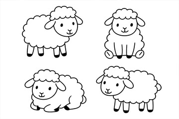 Adorable collection of simple cartoon sheep characters in different poses black outline
