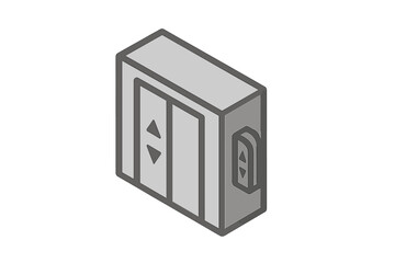 Isometric graphic showing an elevator lift door with up and down call buttons