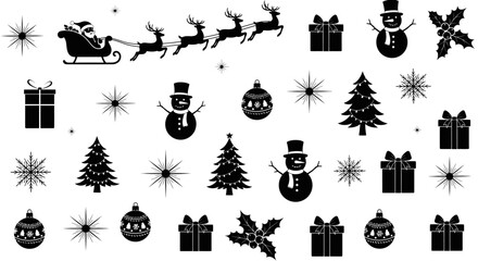 Naklejka premium A diverse collection of black silhouette Christmas icons featuring Santa, reindeer, snowmen, and festive decorations for holiday design
