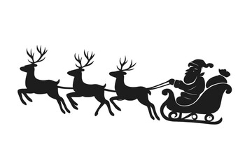 Black silhouette of Santa Claus riding a Christmas sleigh pulled by three flying reindeer