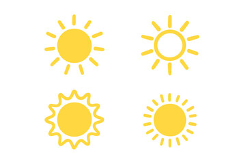 Four stylized yellow sun symbols representing weather, summer, and heat