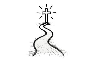 Winding path leading toward a glowing Christian cross symbolizing faith and spiritual journey