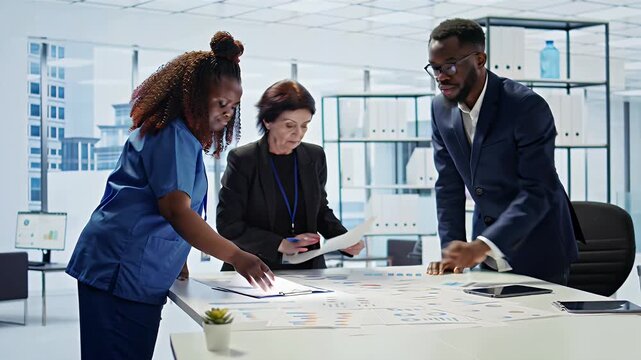 Multicultural Professional Team Collaborating Over Architectural Plans and Blueprints in a Bright Modern Office