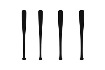 Four black baseball bats standing vertically in a row on a white background