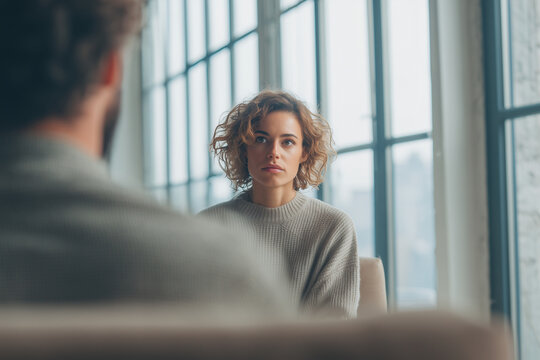 Young woman attentively listening during a counseling session by a large window, showing thoughtful expression and calm introspection in a modern office