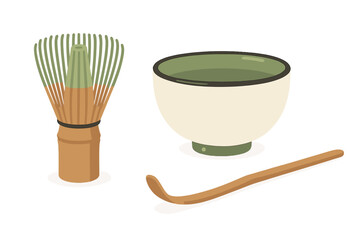 Traditional Japanese matcha tea ceremony tools with bamboo whisk scoop and ceramic bowl
