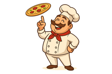 Smiling cartoon chef character tossing fresh pizza dough high above his head