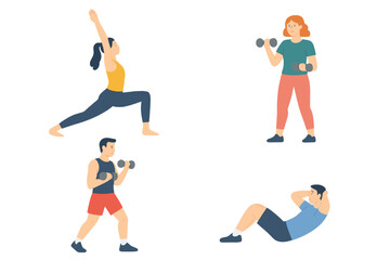 Diverse group of people performing various fitness exercises like yoga, weightlifting, and crunches