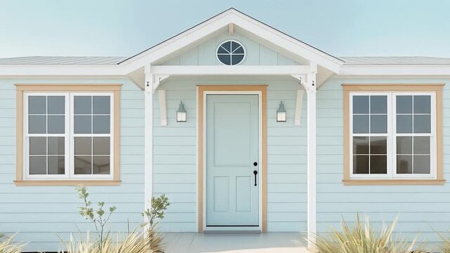 Small Light Blue Beach Cottage With Sandy Front Yard